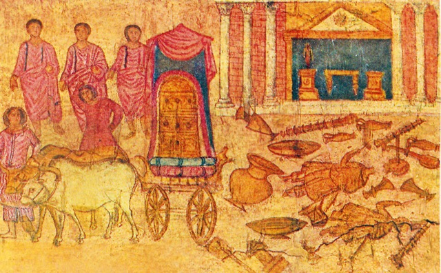 El arca de la alianza en tiempos de Saúl, capturada por los filisteos y presentada ante su templo, 244. Fresco. Dura Europos, Siria./ Wikimedia Commons